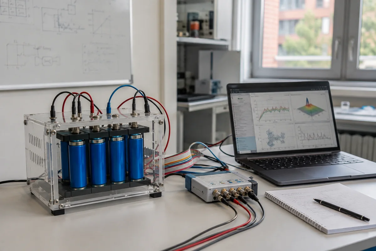AI-generated symbolic image: battery test setup with data acquisition and schematic laptop analysis.
