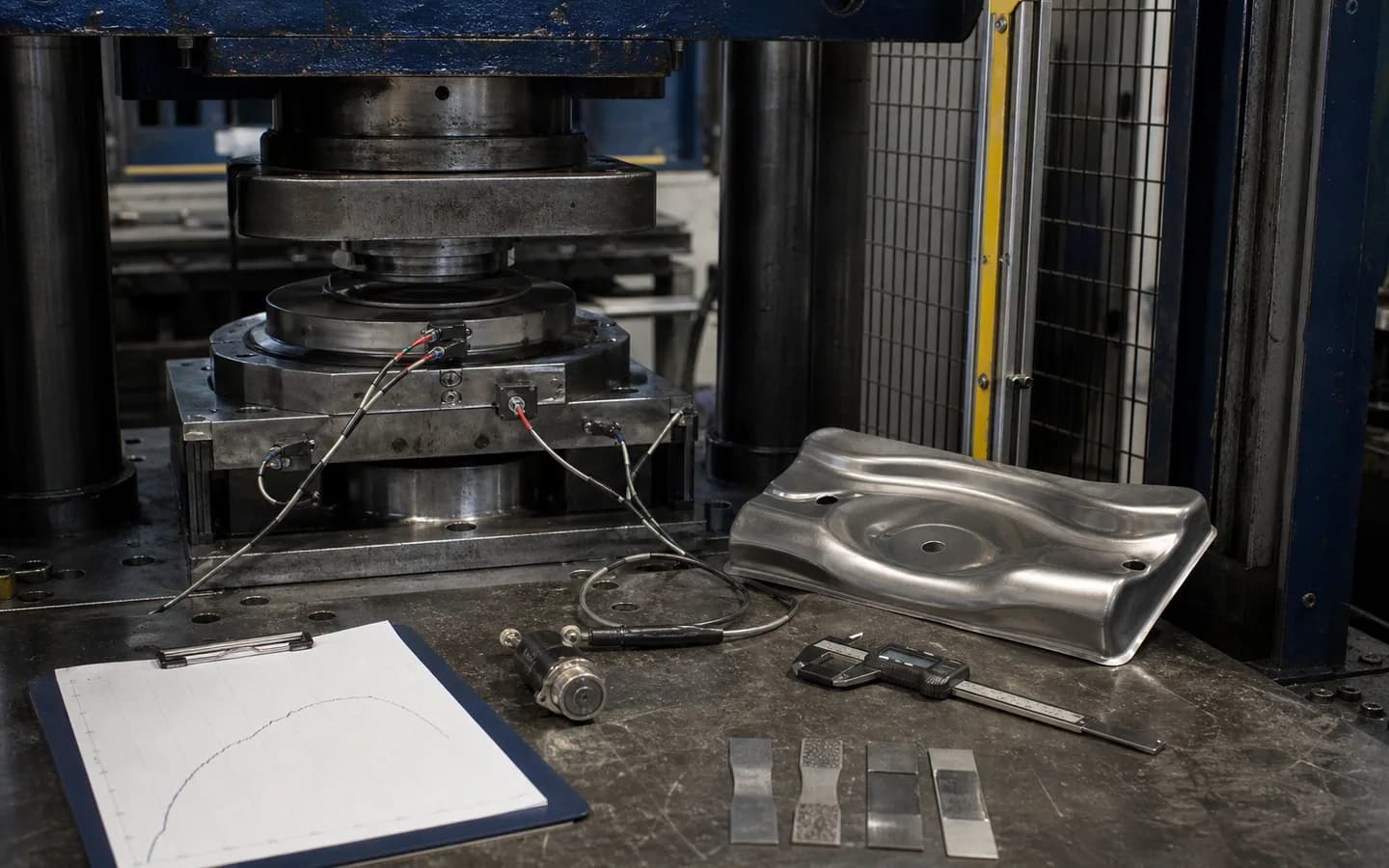 Instrumented metal-forming press with test specimens and a force curve
