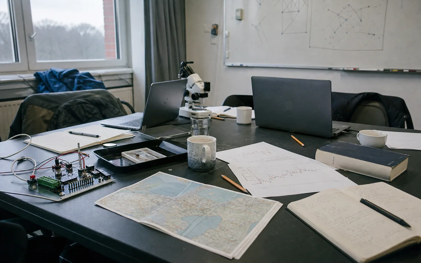 Shared research table with instruments, maps, notebooks and laptops