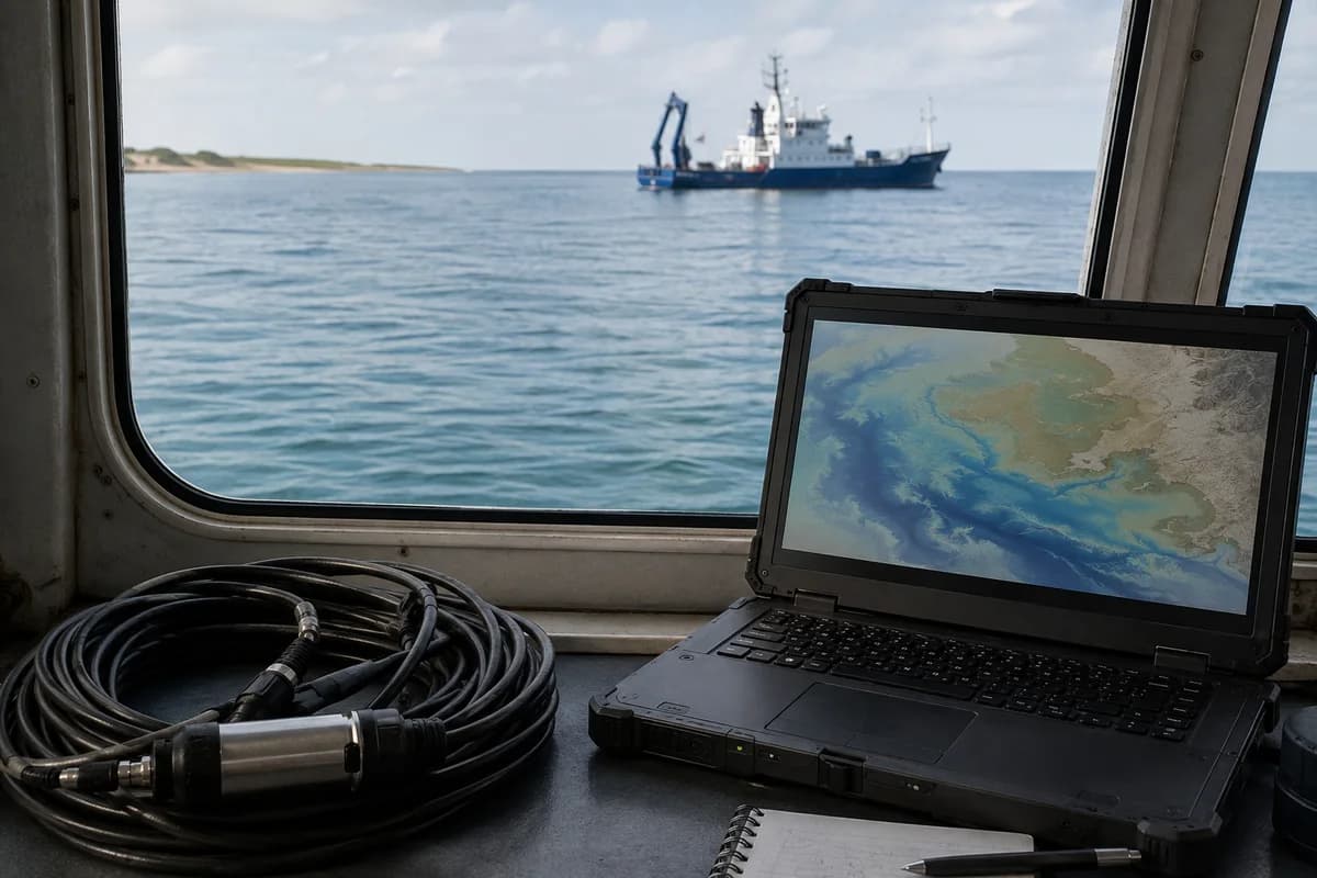 AI-generated symbolic image: a sensor, cable and rugged laptop with a schematic marine map aboard a vessel.
