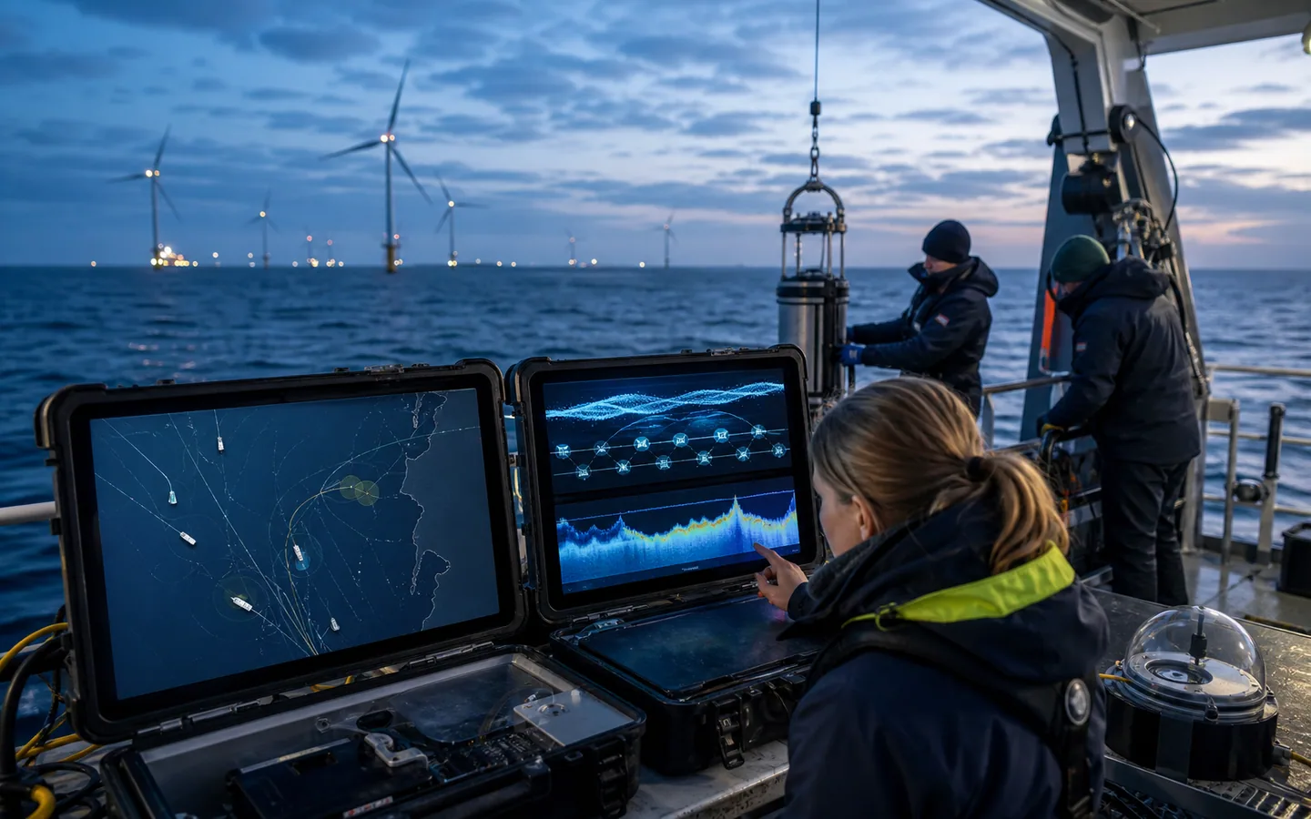 Marine survey equipment on a research vessel near an offshore wind farm