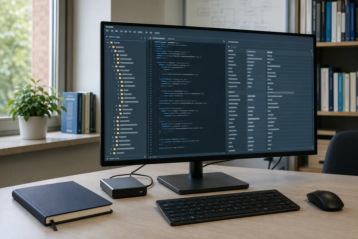 AI-generated symbolic image: research desk with schematic views of files, source code and metadata.
