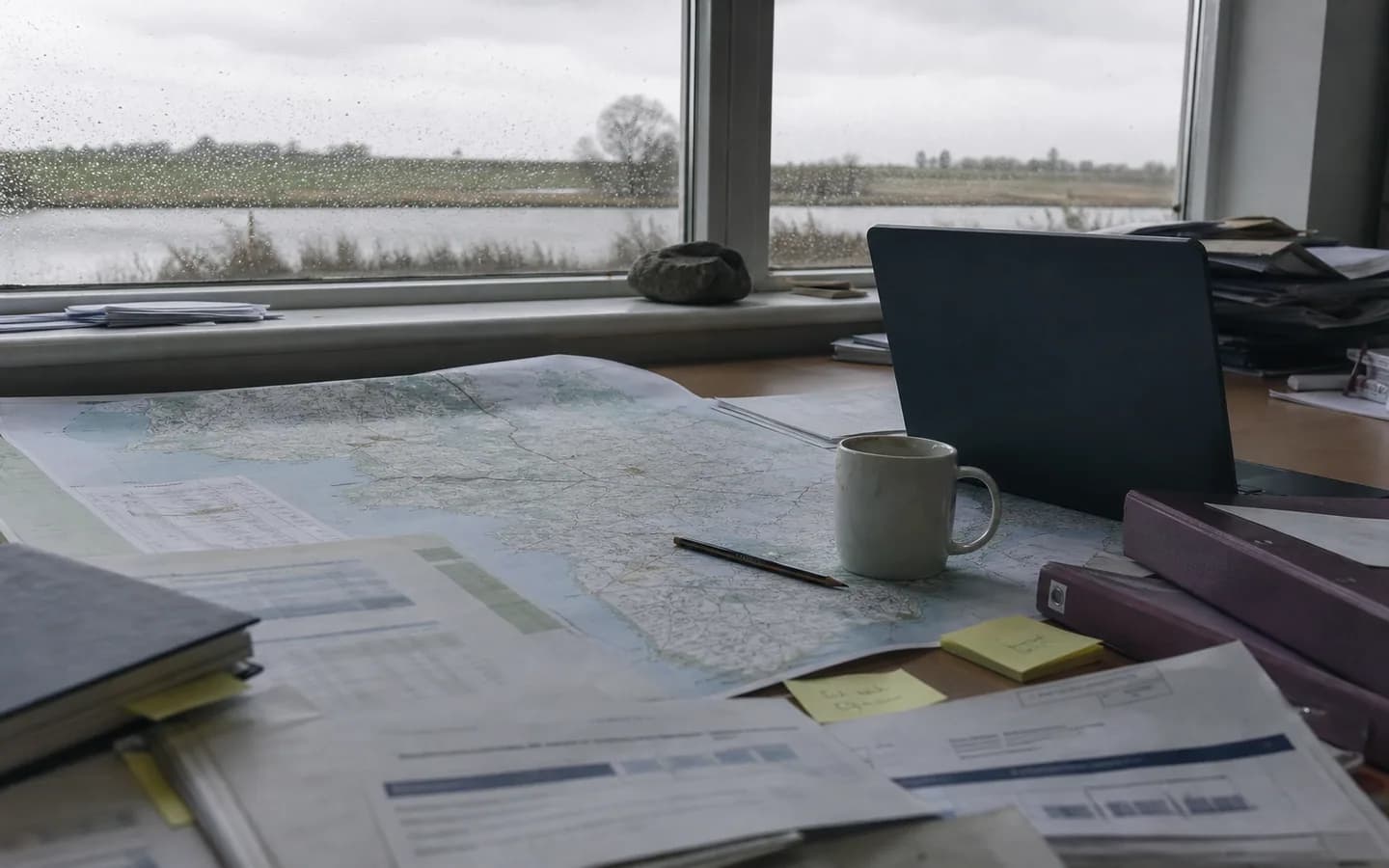 Regional planning documents and a map on a desk by a rain-covered window
