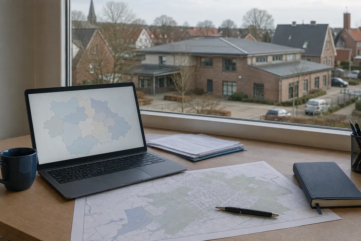 AI-generated symbolic image: regional planning desk with schematic maps and a view over a small town.